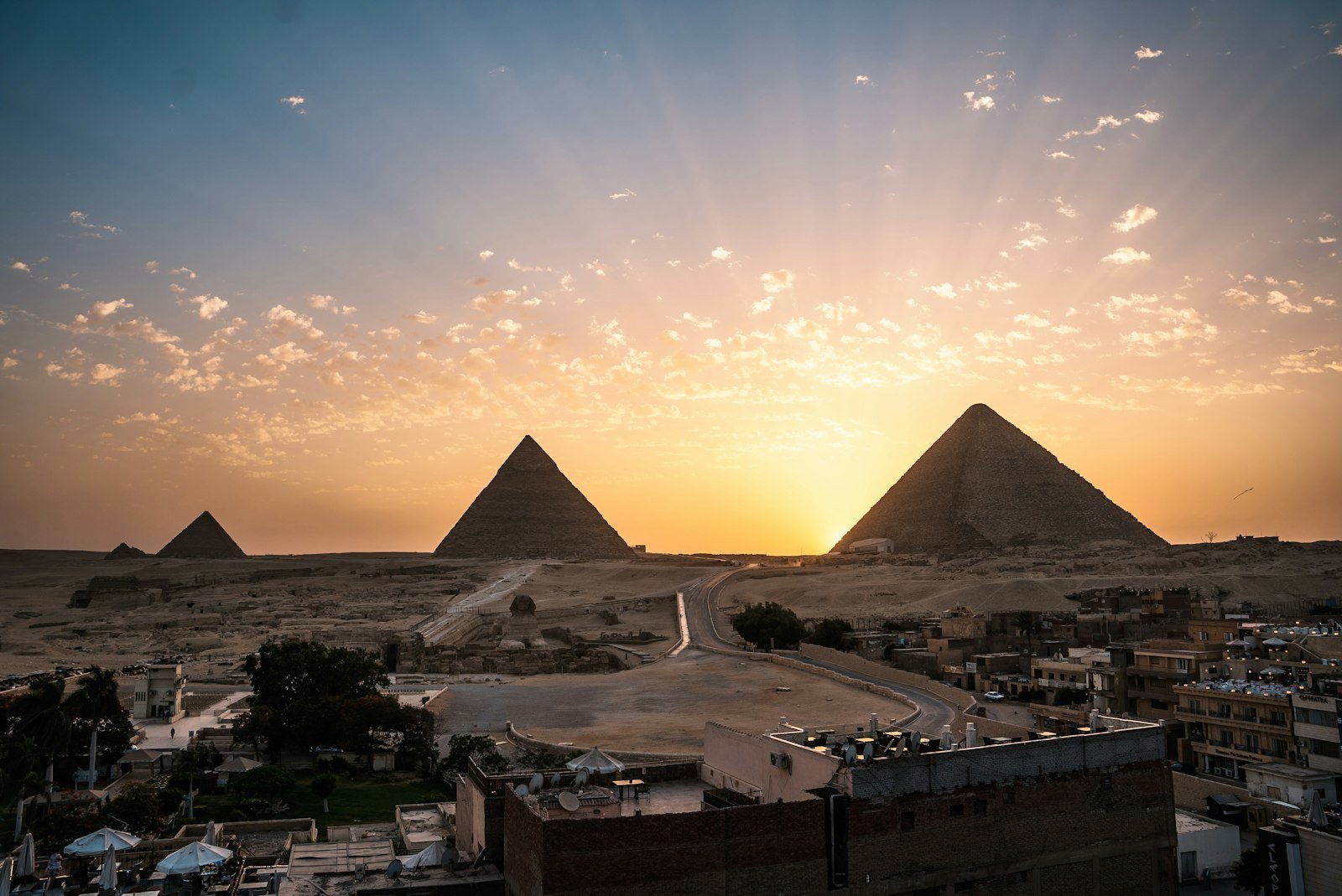 Giza Pyramids and Sphinx at sunrise, Cairo, Egypt